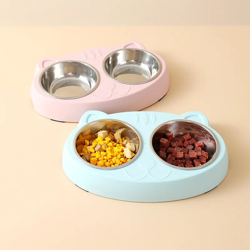 Macaron Style Pet Double Bowl Feeding Tray Plastic Food Water Set