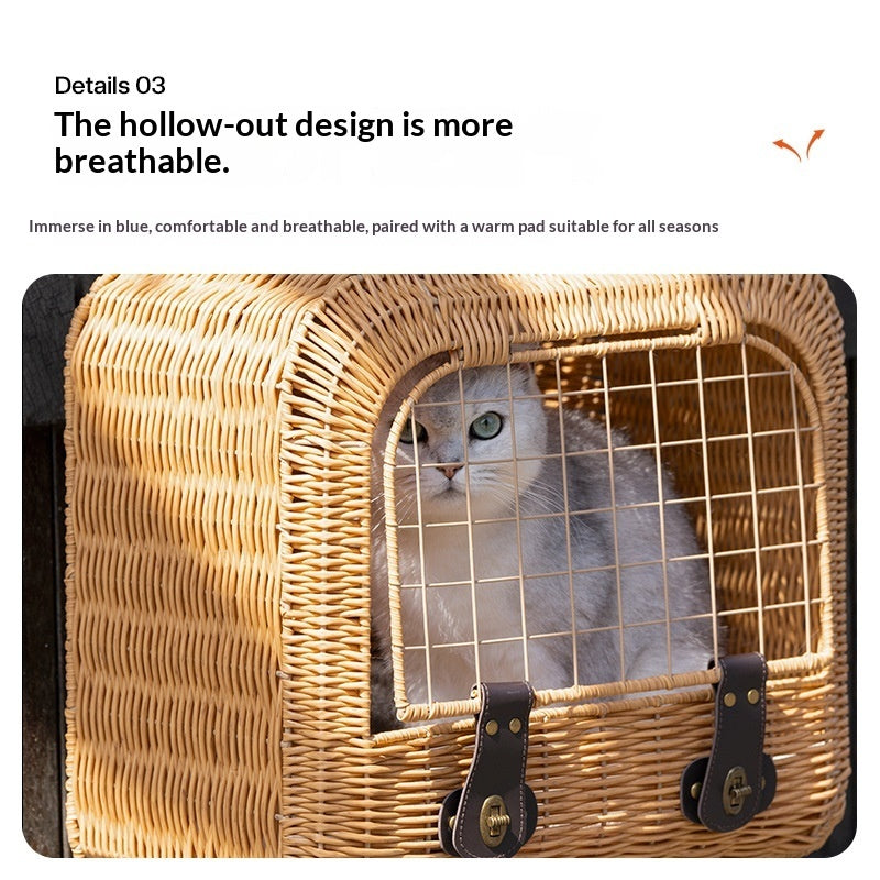 Portable Woven Rattan Pet Carrier With Ventilation Handle