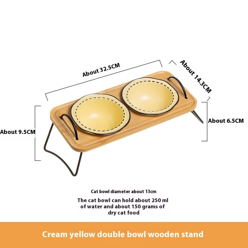 Wooden Rack Ceramic Anti Tumble Feeding Pet Bowl