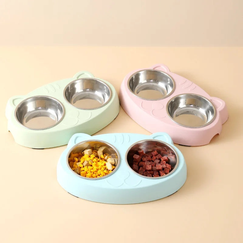 Macaron Style Pet Double Bowl Feeding Tray Plastic Food Water Set