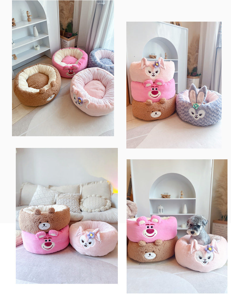 Cartoon Plush Pet Nest Round Bed Warm All Seasons Cushion