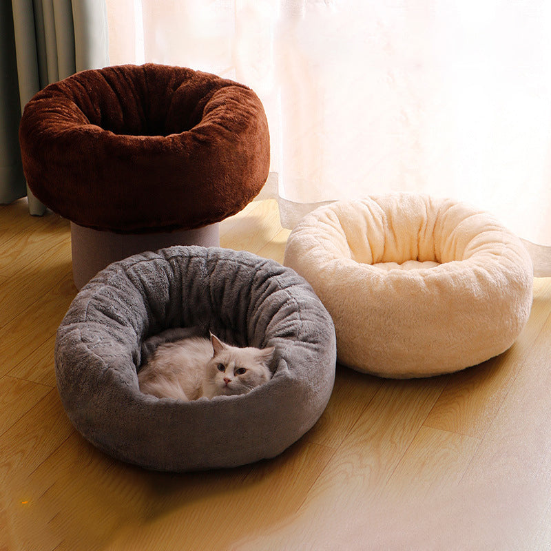 Plush Round Pet Donut Bed Warm Fluffy Cushion Kennel