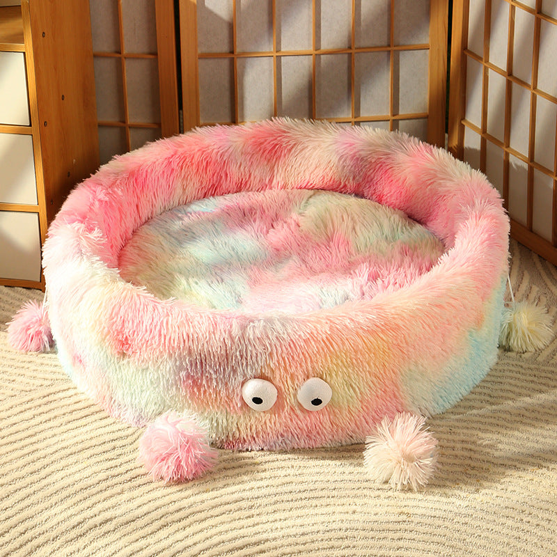 Cute Monster Design Round Pet Winter Bed Warm Cozy Nest