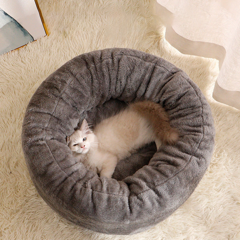 Plush Round Pet Donut Bed Warm Fluffy Cushion Kennel