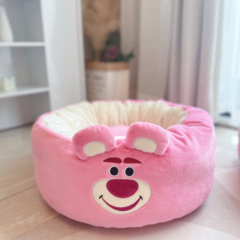 Cartoon Plush Pet Nest Round Bed Warm All Seasons Cushion