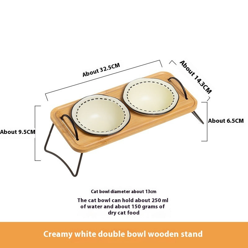 Wooden Rack Ceramic Anti Tumble Feeding Pet Bowl