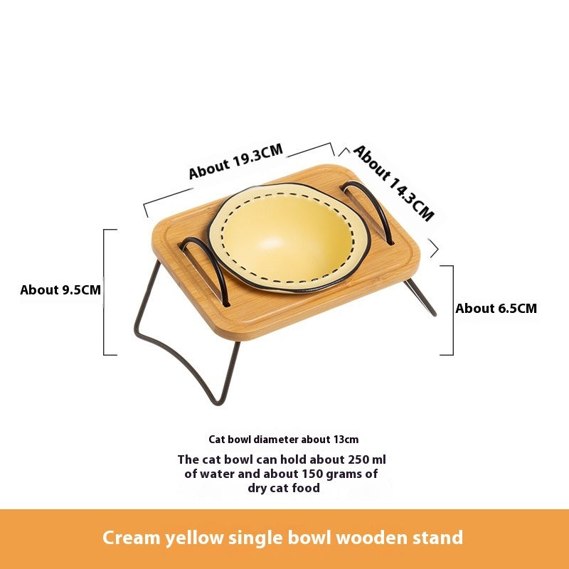 Wooden Rack Ceramic Anti Tumble Feeding Pet Bowl