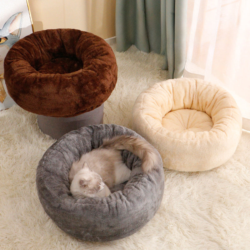 Plush Round Pet Donut Bed Warm Fluffy Cushion Kennel