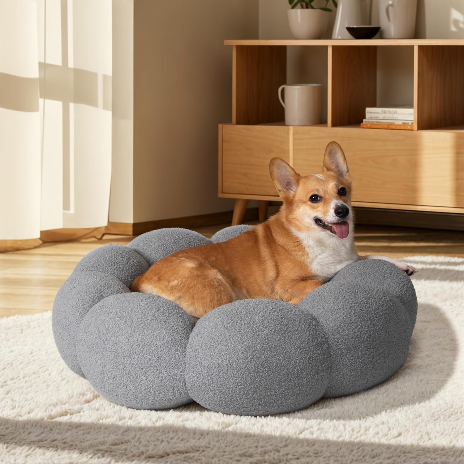 Fluffy Round Pet Calming Bed Plush Non Slip Washable Nest
