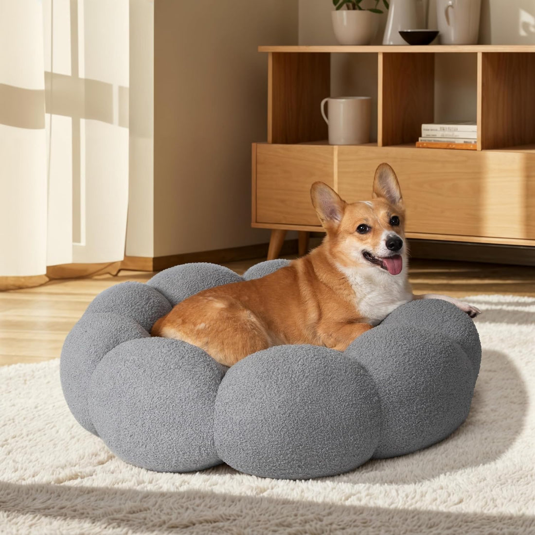 Fluffy Round Pet Calming Bed Plush Non Slip Washable Nest