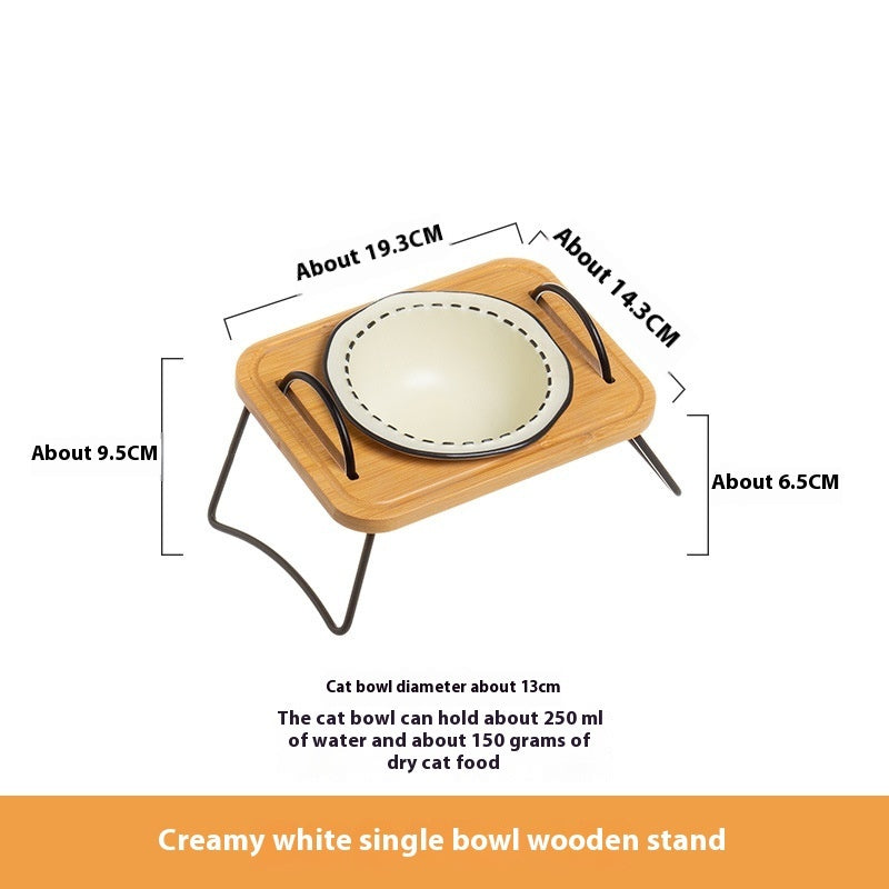 Wooden Rack Ceramic Anti Tumble Feeding Pet Bowl