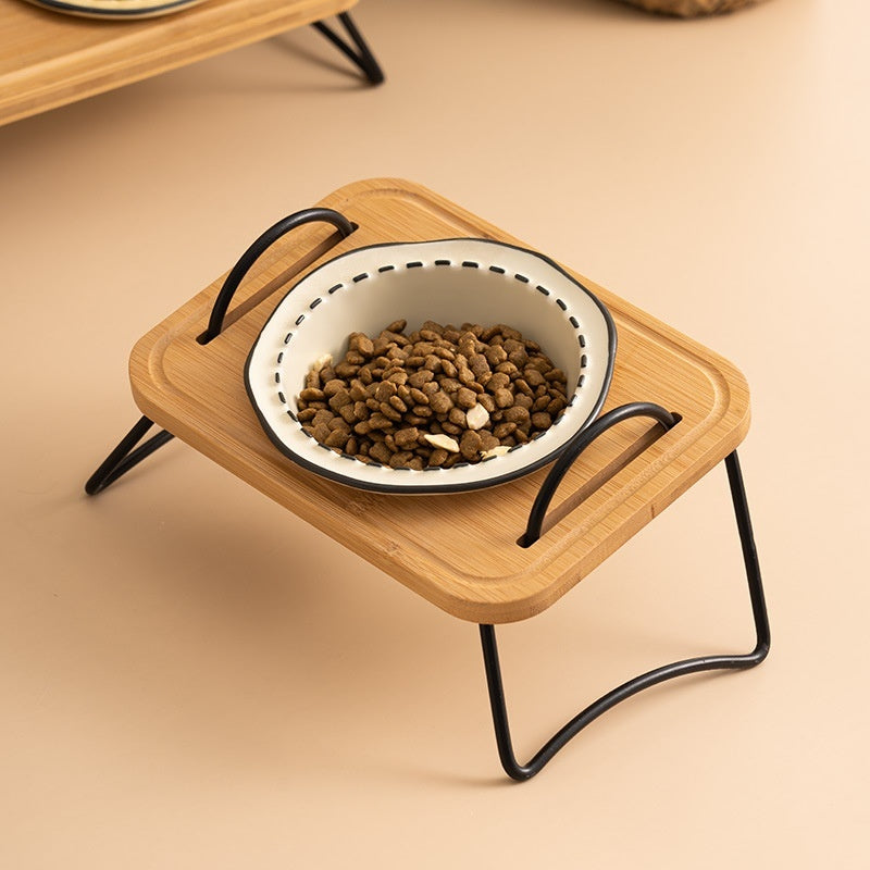 Wooden Rack Ceramic Anti Tumble Feeding Pet Bowl