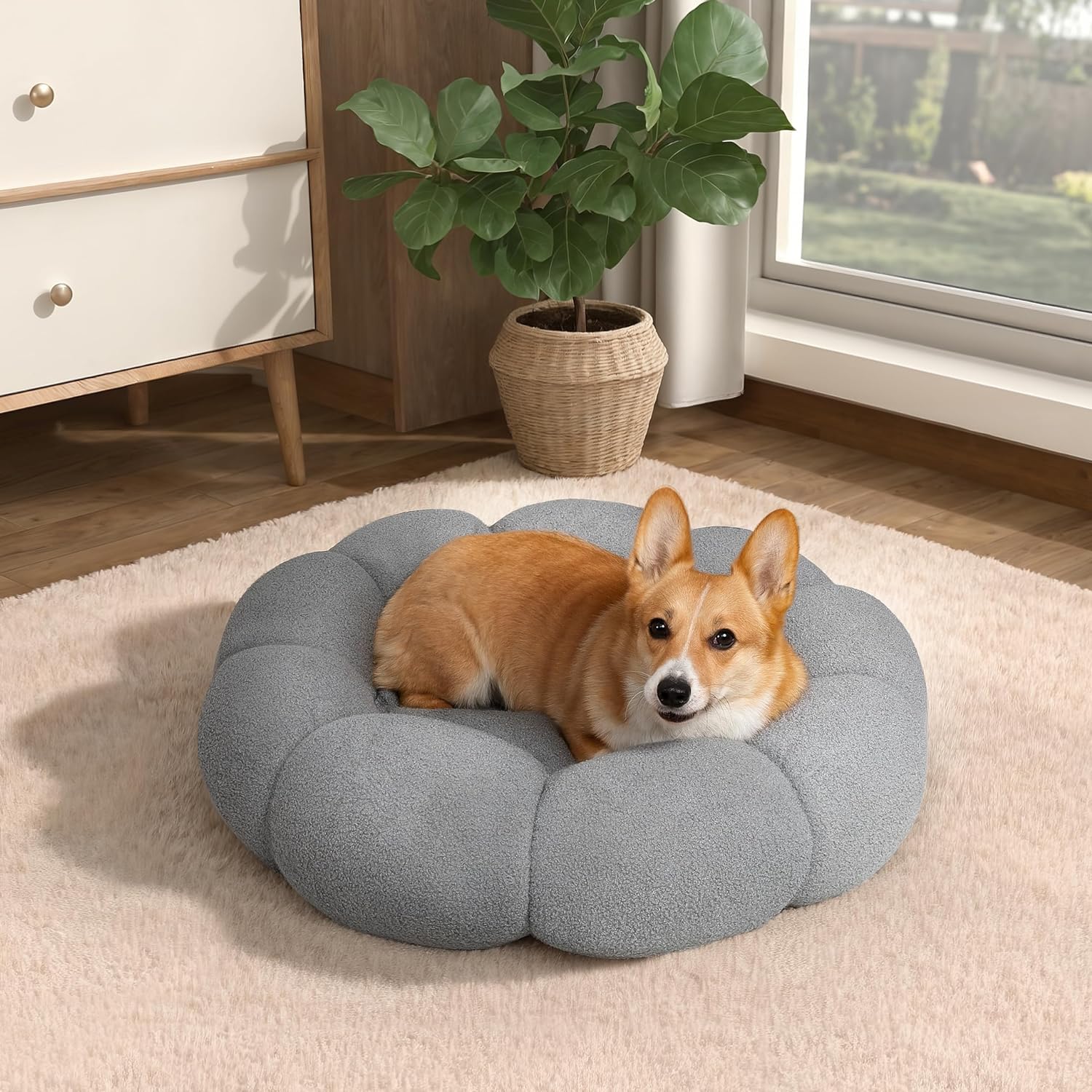 Fluffy Round Pet Calming Bed Plush Non Slip Washable Nest
