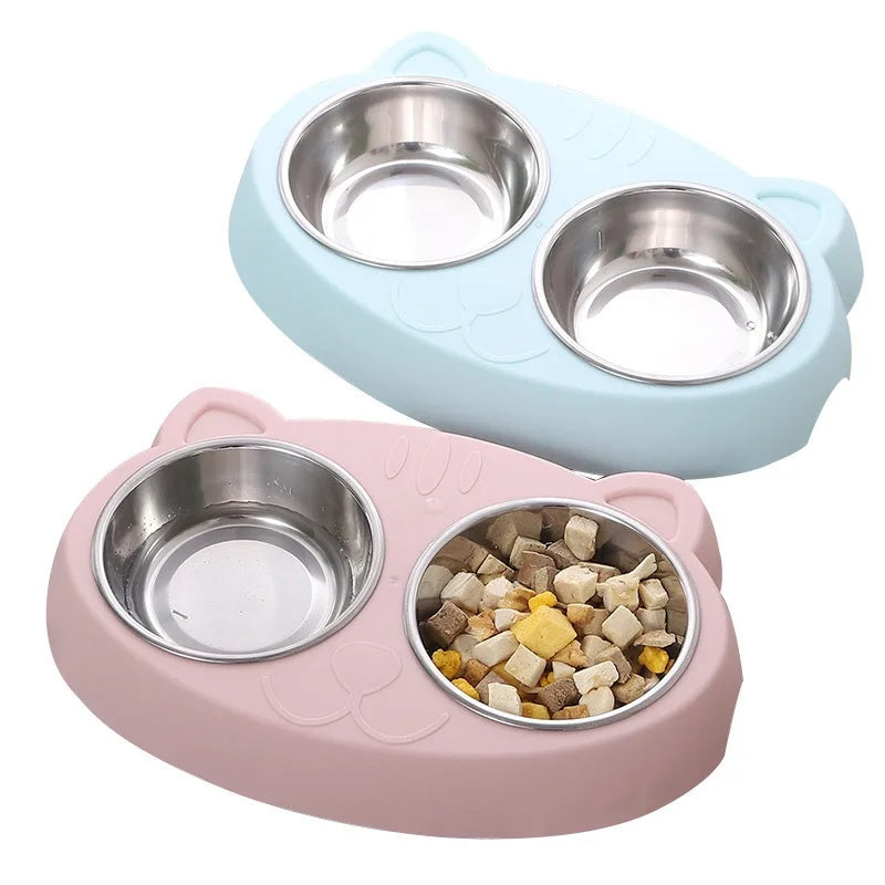 Macaron Style Pet Double Bowl Feeding Tray Plastic Food Water Set