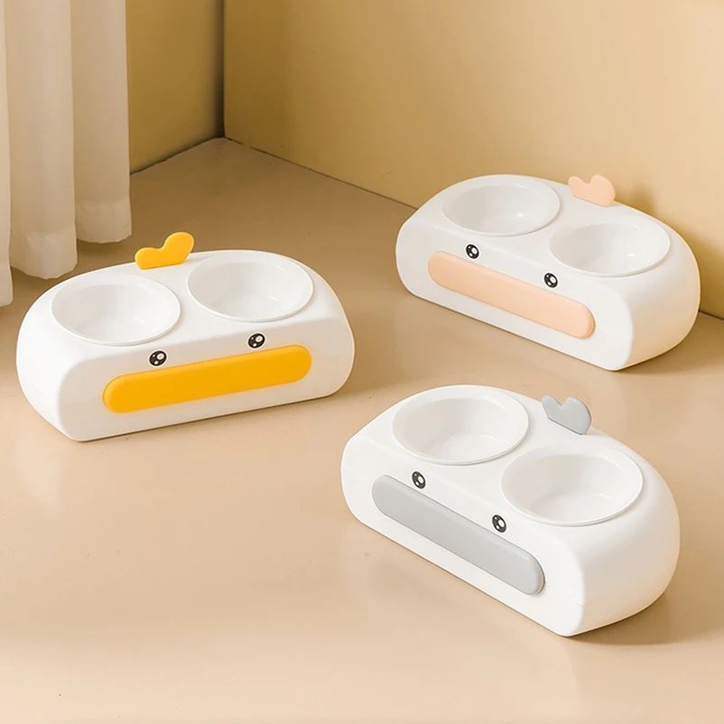 Duck Design Pet Double Bowl Feeding Tray Plastic Food Water Set