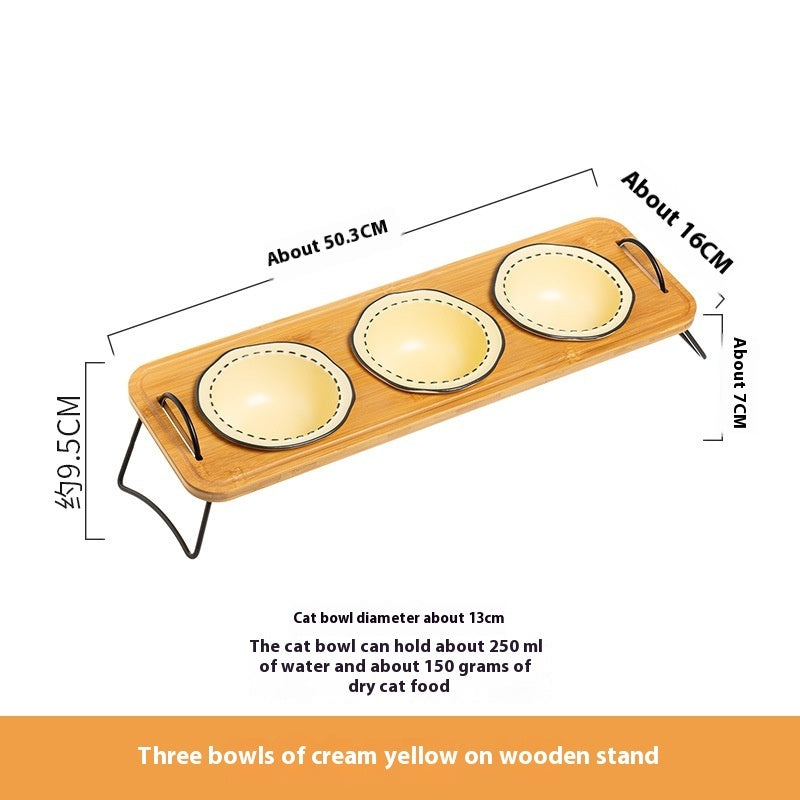 Wooden Rack Ceramic Anti Tumble Feeding Pet Bowl
