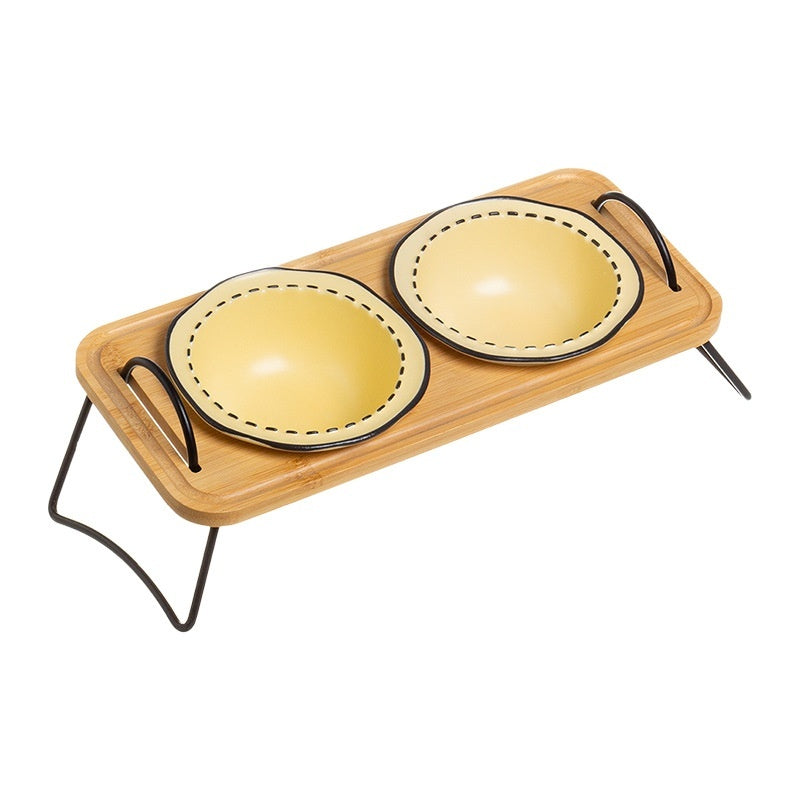 Wooden Rack Ceramic Anti Tumble Feeding Pet Bowl