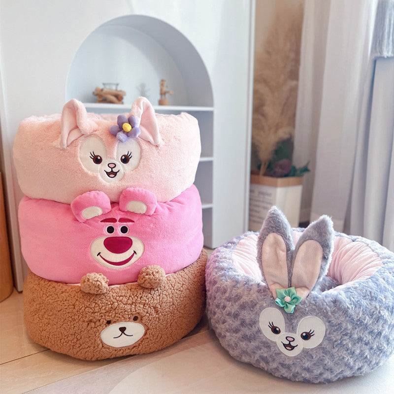 Cartoon Plush Pet Nest Round Bed Warm All Seasons Cushion