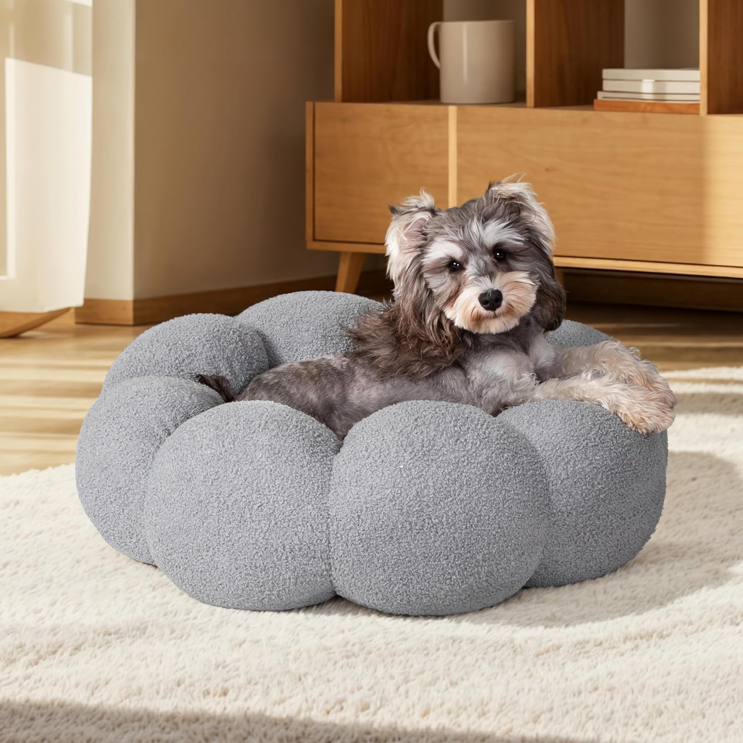 Fluffy Round Pet Calming Bed Plush Non Slip Washable Nest