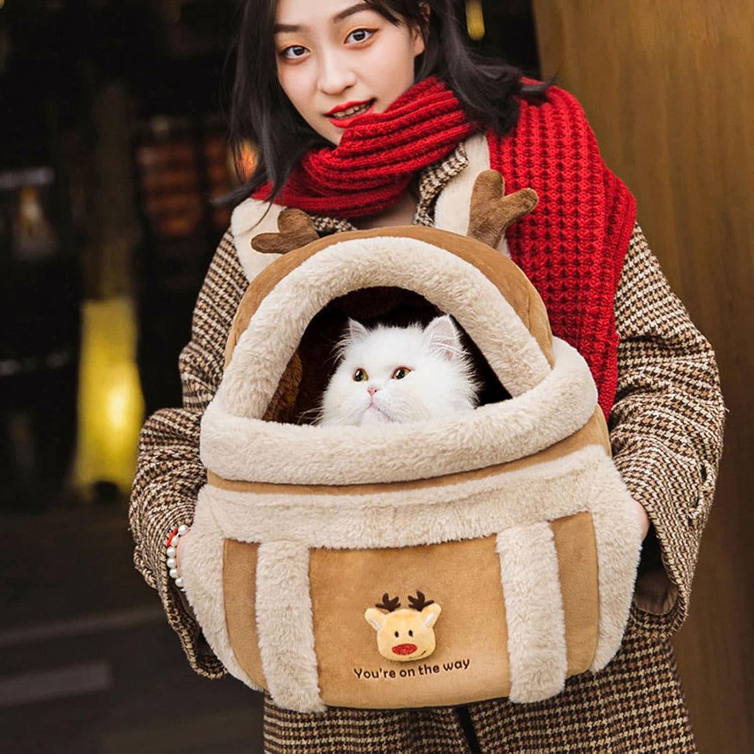 Pet Carrier Backpack Winter Plush Travel Bag
