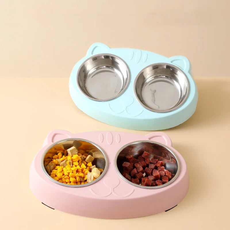 Macaron Style Pet Double Bowl Feeding Tray Plastic Food Water Set