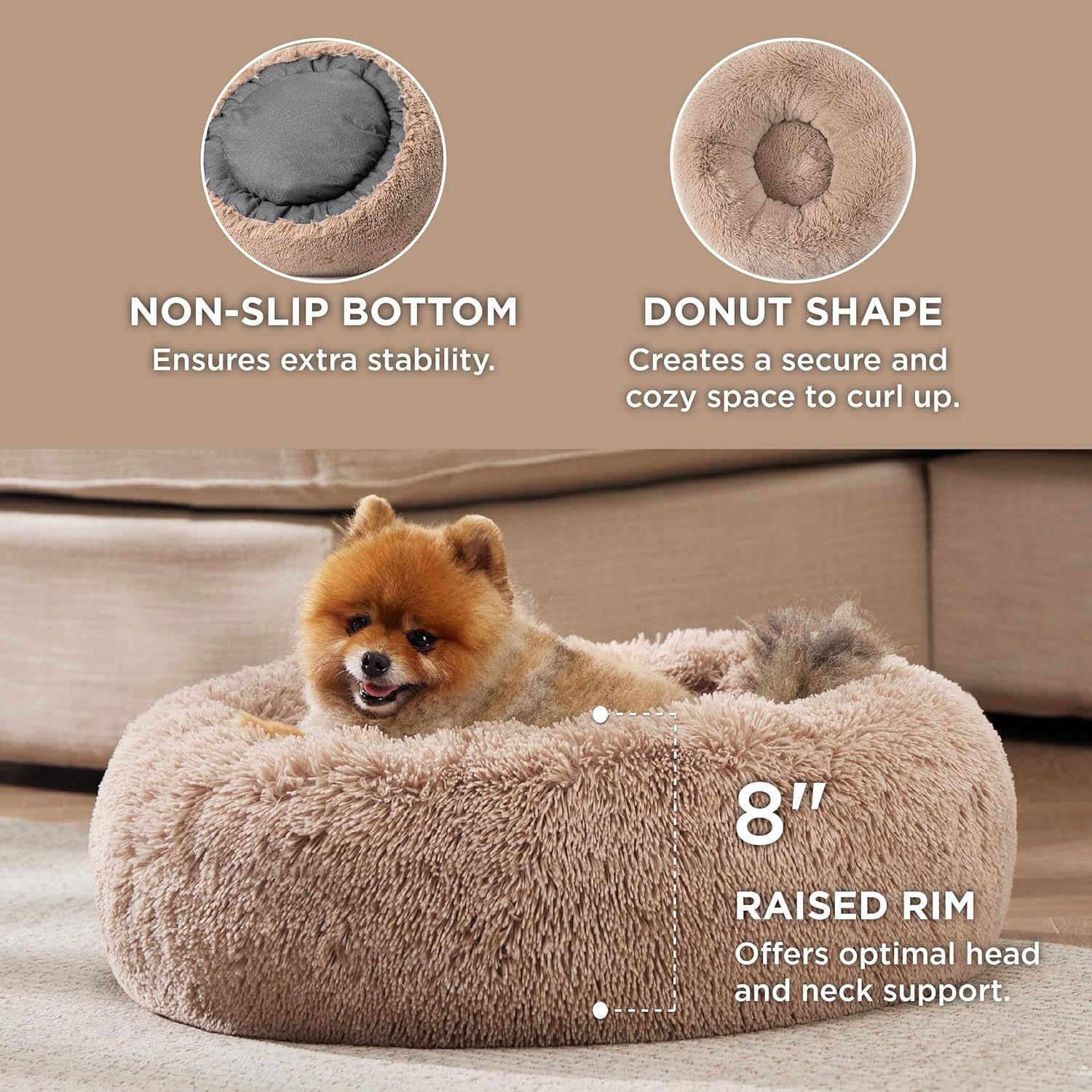 Non Slip Fluffy Round Pet Bed Solid Color Plush Nest