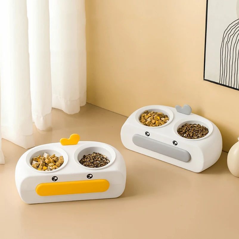 Duck Design Pet Double Bowl Feeding Tray Plastic Food Water Set