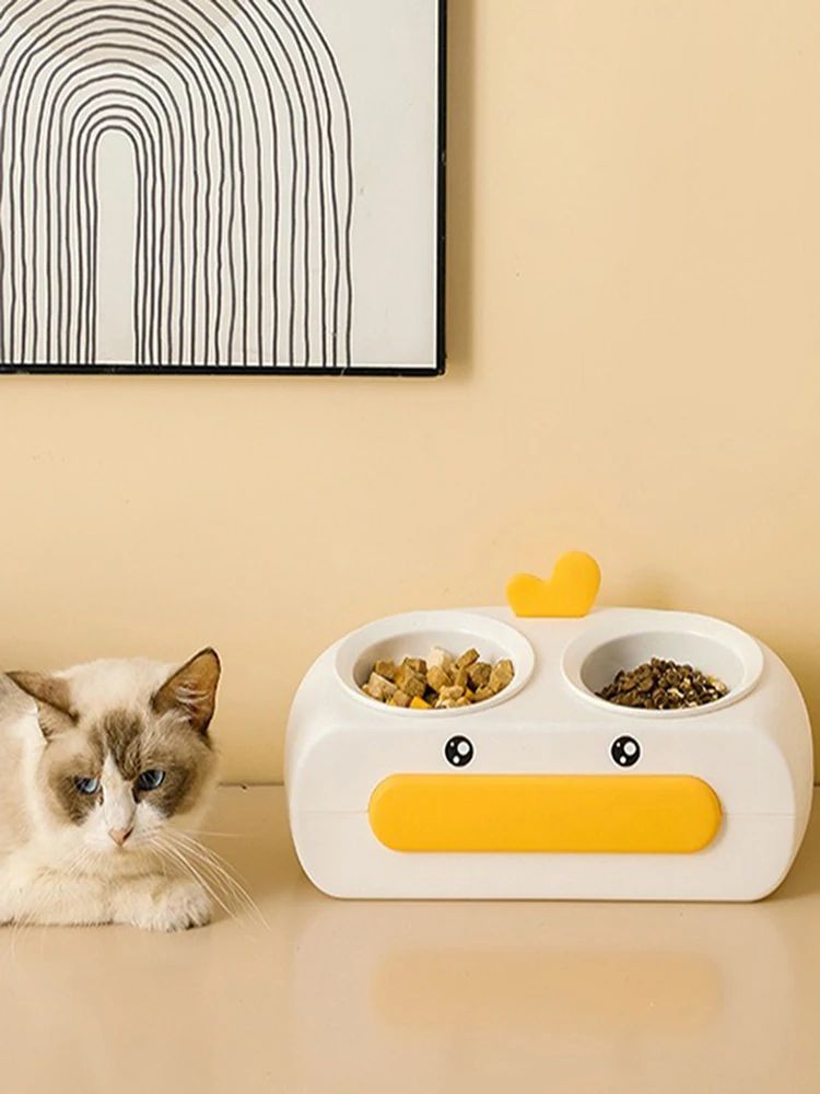 Duck Design Pet Double Bowl Feeding Tray Plastic Food Water Set
