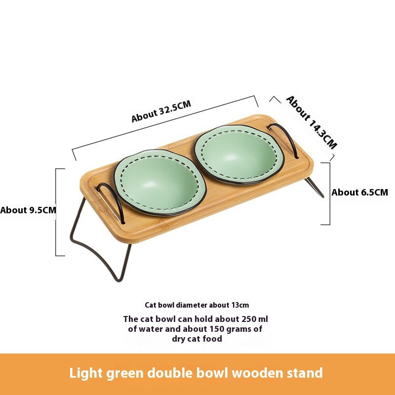 Wooden Rack Ceramic Anti Tumble Feeding Pet Bowl