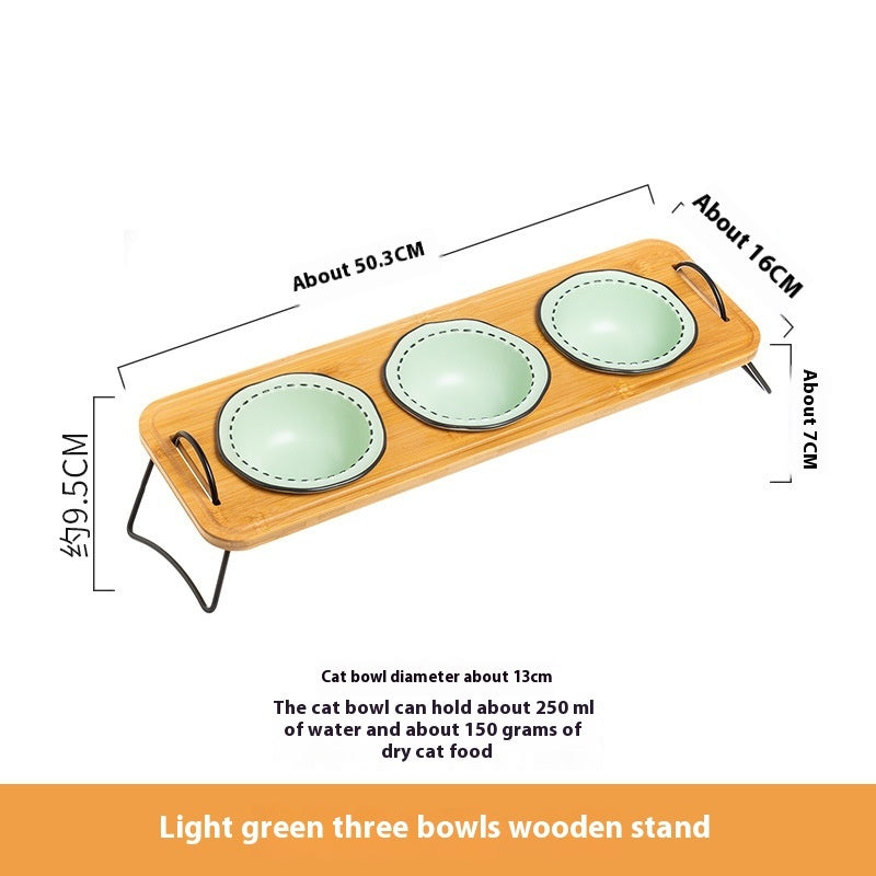 Wooden Rack Ceramic Anti Tumble Feeding Pet Bowl
