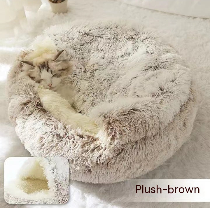 2 In 1 Round Plush Pet Winter Bed Warm Cozy Nest