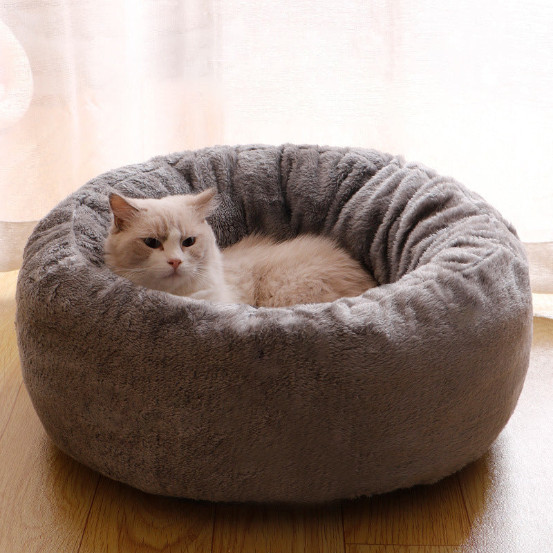 Plush Round Pet Donut Bed Warm Fluffy Cushion Kennel