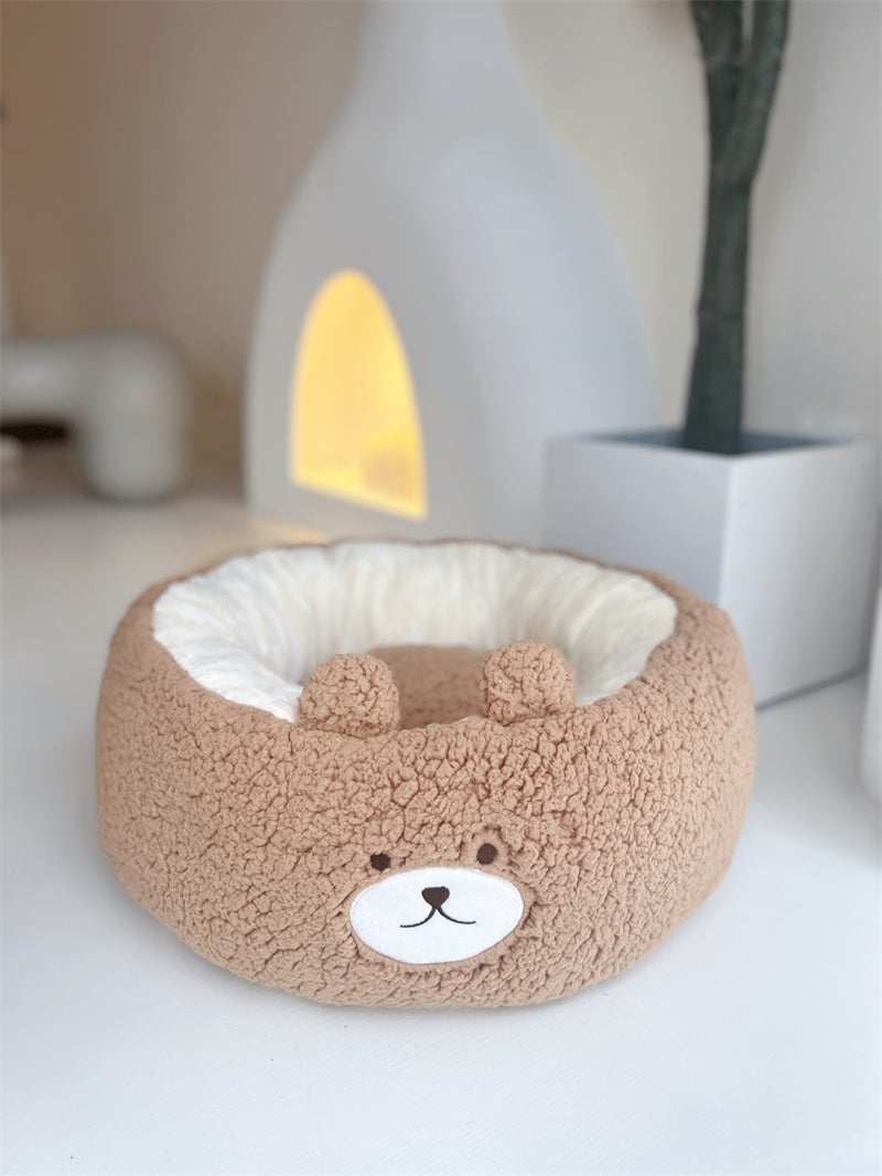 Cartoon Plush Pet Nest Round Bed Warm All Seasons Cushion