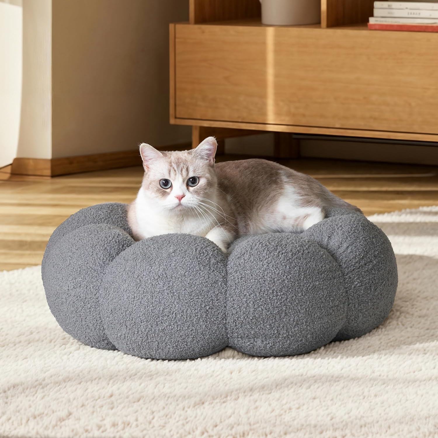 Fluffy Round Pet Calming Bed Plush Non Slip Washable Nest