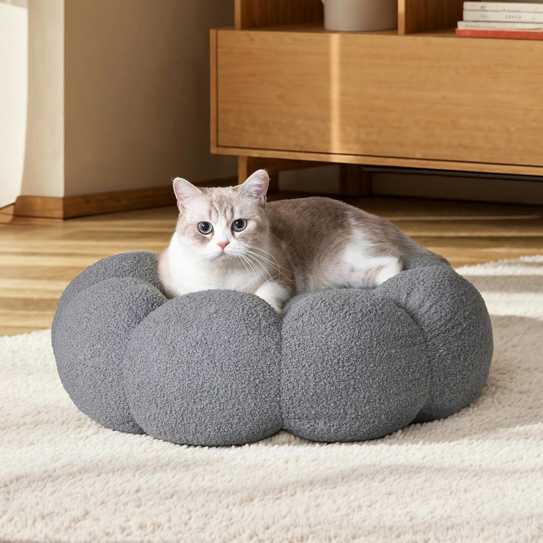 Fluffy Round Pet Calming Bed Plush Non Slip Washable Nest